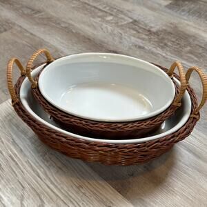 Vintage Oval White Ceramic Baking Dishes with Wicker Basket Holders Set of 2